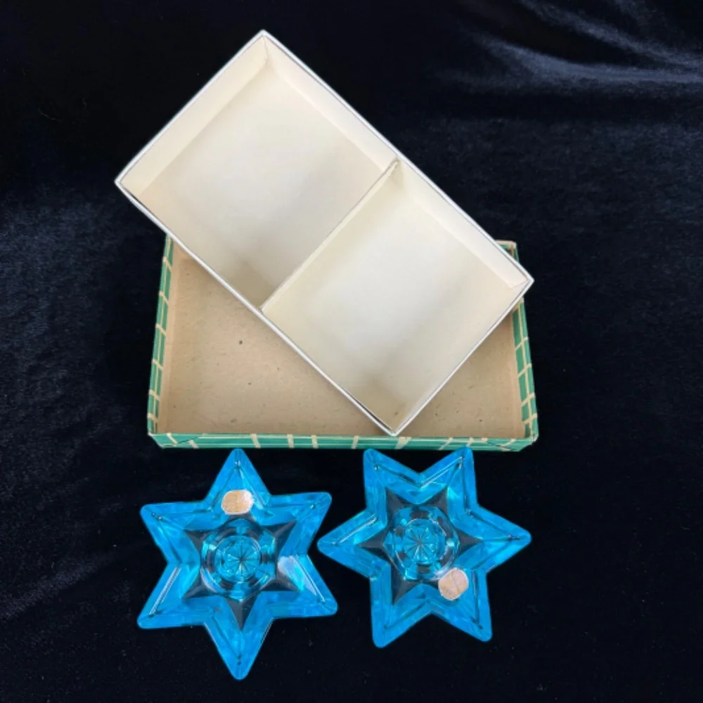 2 Blue Star of David Candleholders Vintage MCM Bohemian Glass Original Box - Picture 9 of 10